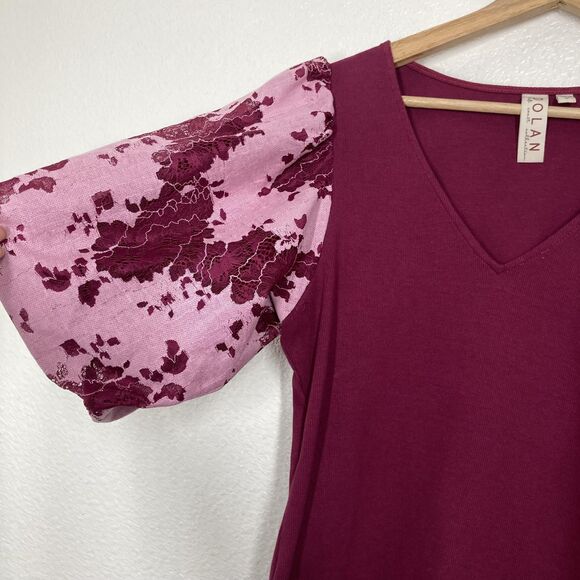 Dolan Shirt Womens Medium Burgundy Pink V-Neck Puff Sleeve Floral Lace Knit - Picture 5 of 16